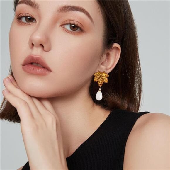 Fall Maple Leaf Earrings | Sparkly Orange Red Dangle Drops - Picture 3 of 5